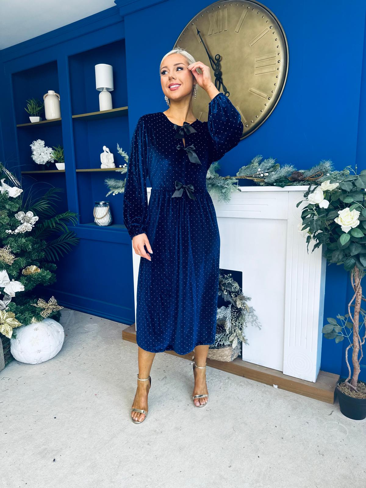 Muireann Bow Detail Studded Velvet Midi Dress Navy