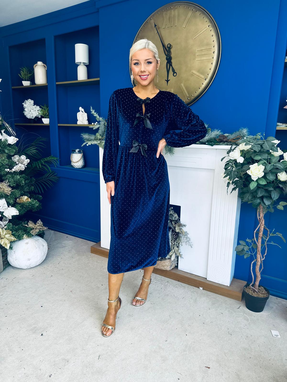 Muireann Bow Detail Studded Velvet Midi Dress Navy