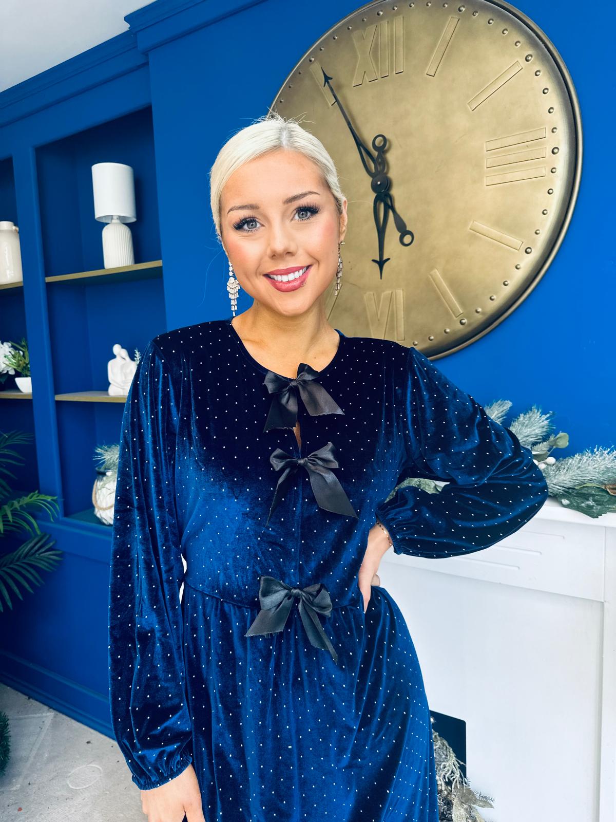 Muireann Bow Detail Studded Velvet Midi Dress Navy