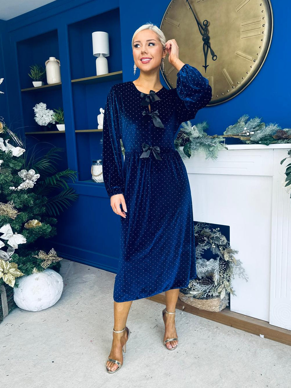 Muireann Bow Detail Studded Velvet Midi Dress Navy