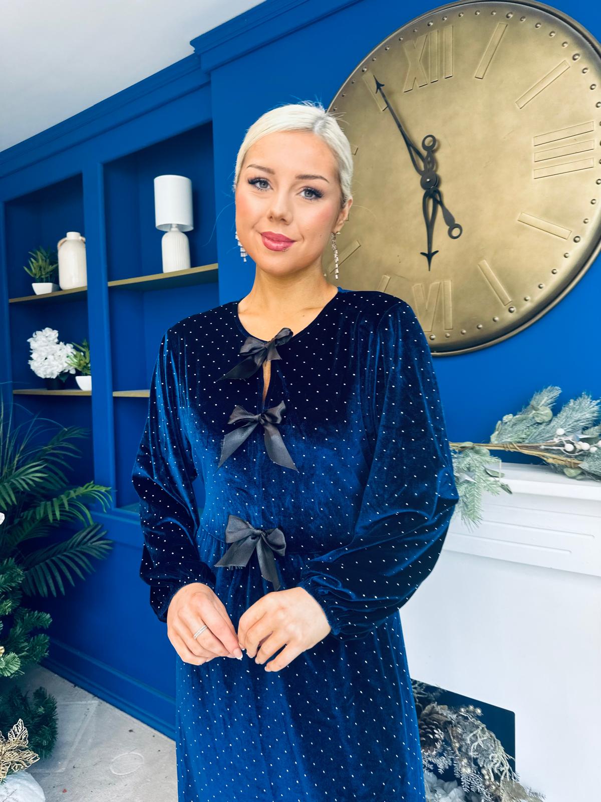Muireann Bow Detail Studded Velvet Midi Dress Navy