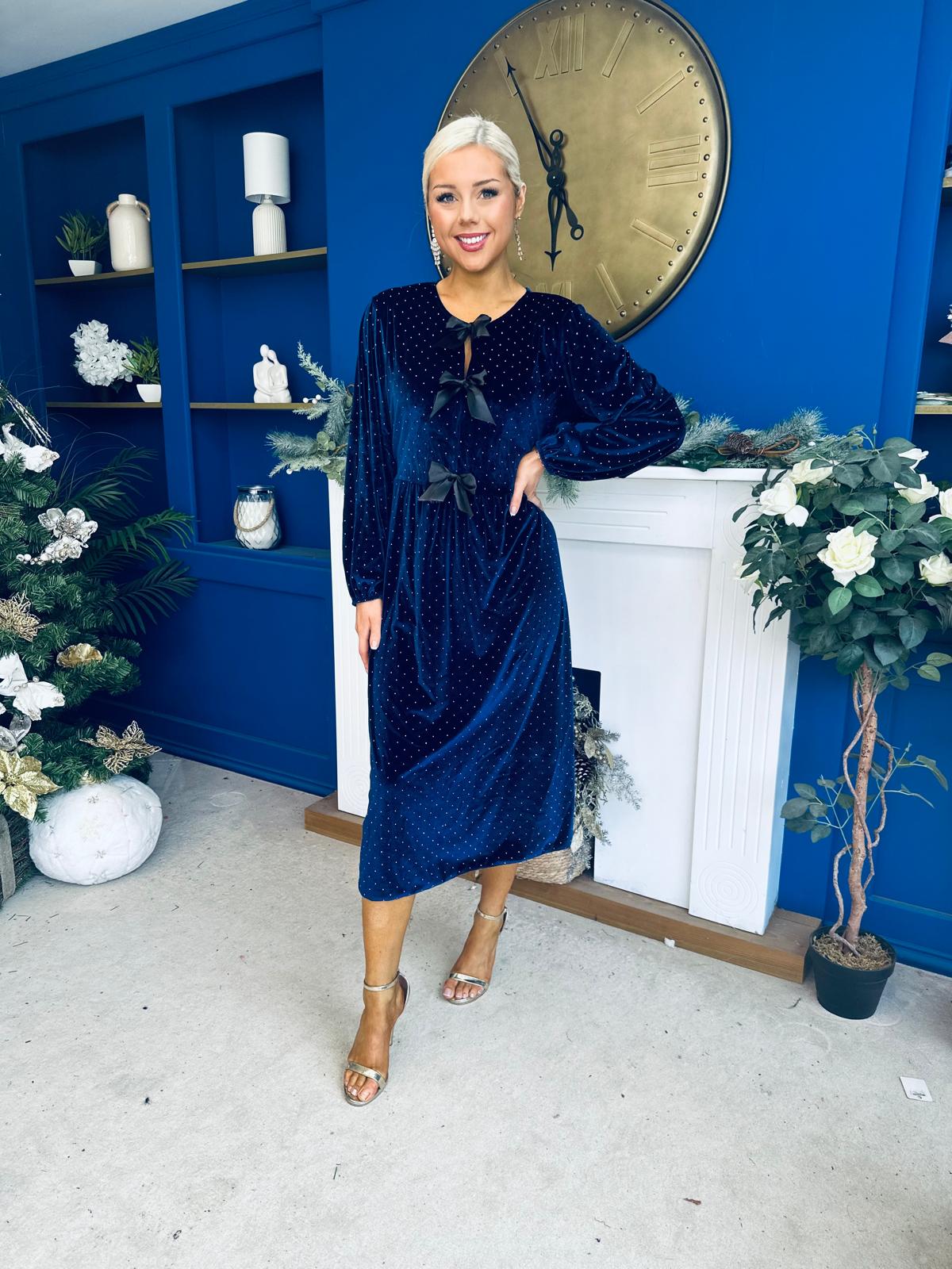 Muireann Bow Detail Studded Velvet Midi Dress Navy
