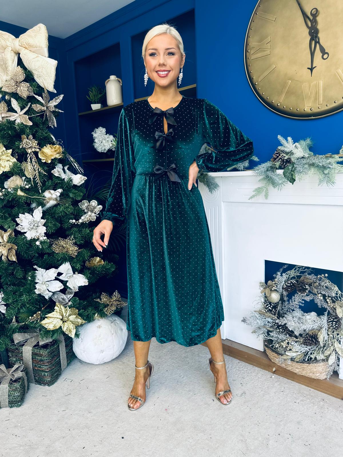 Muireann Bow Detail Studded Velvet Midi Dress Forest