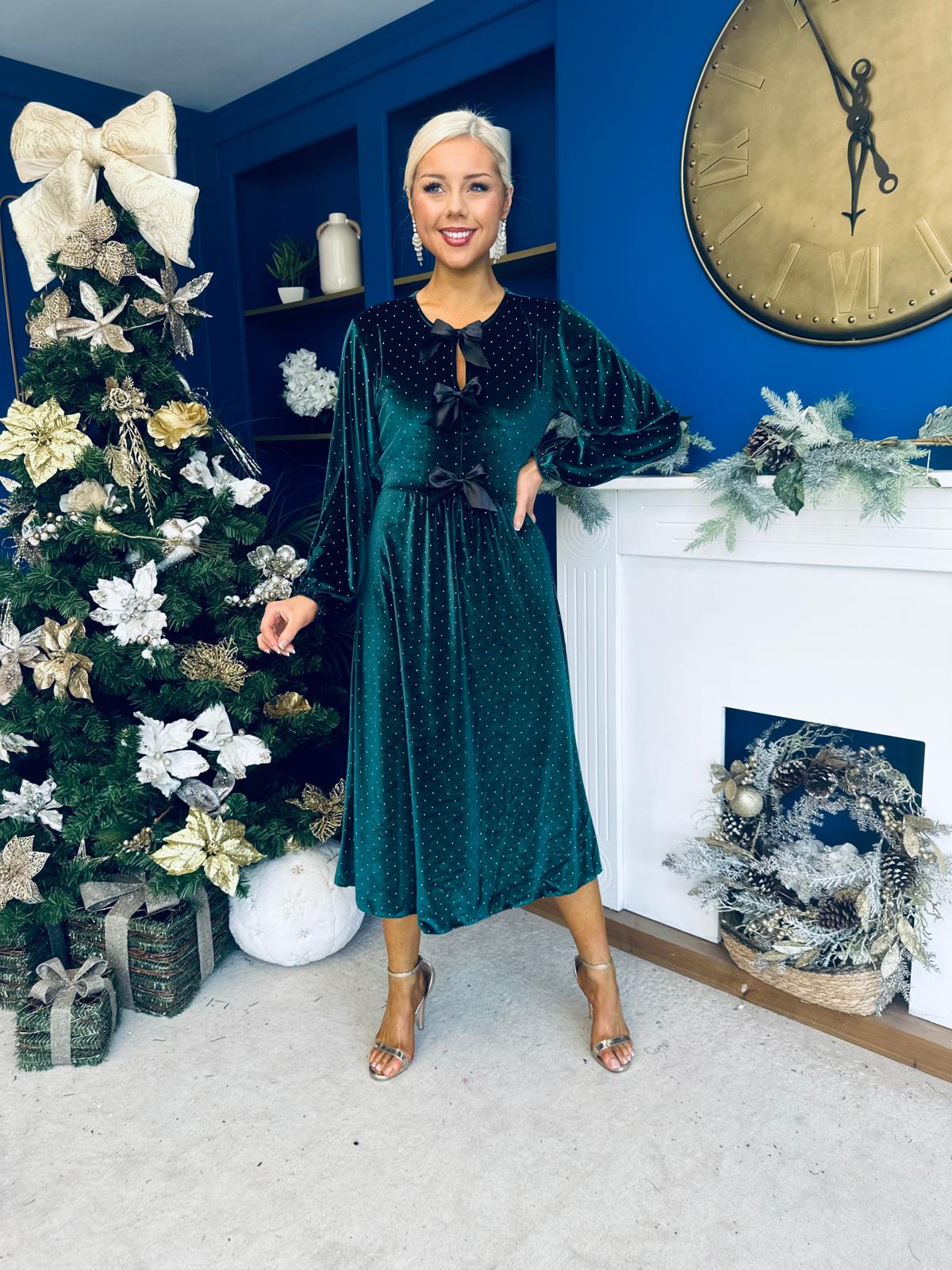 Muireann Bow Detail Studded Velvet Midi Dress Forest