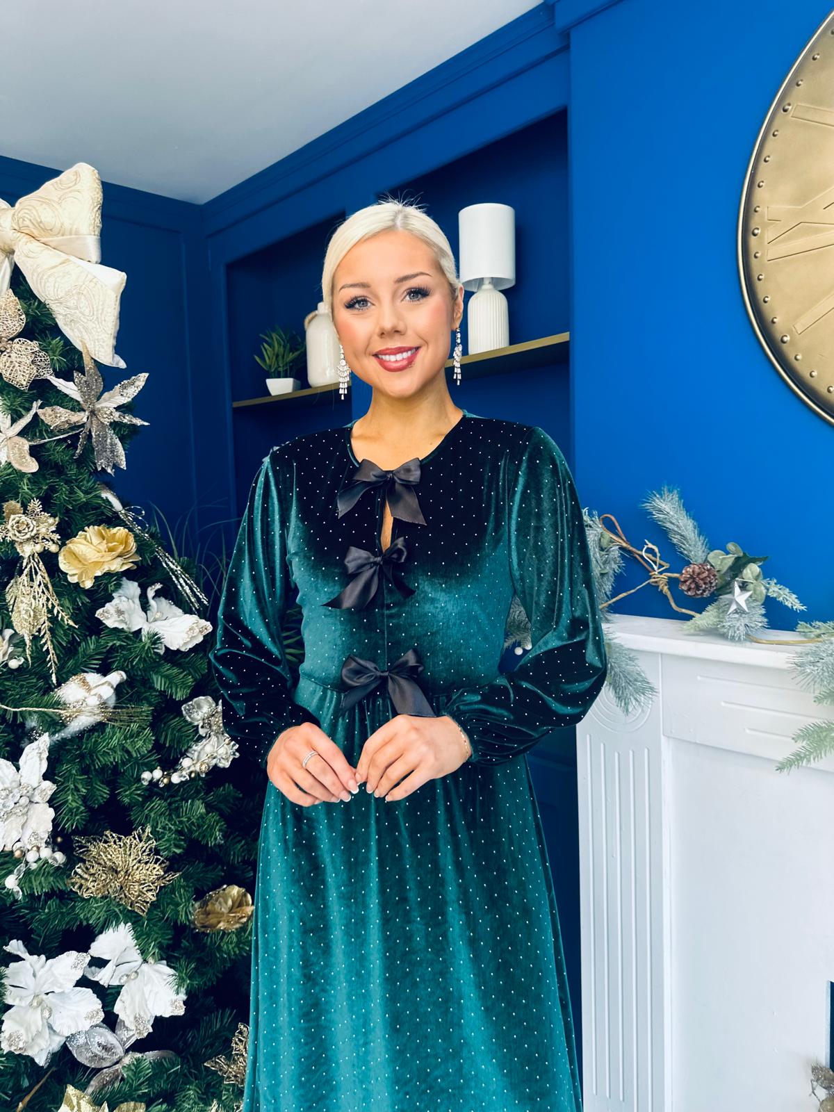 Muireann Bow Detail Studded Velvet Midi Dress Forest