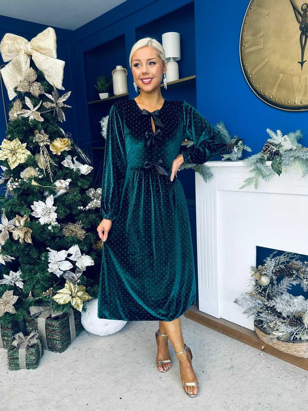 Muireann Bow Detail Studded Velvet Midi Dress Forest