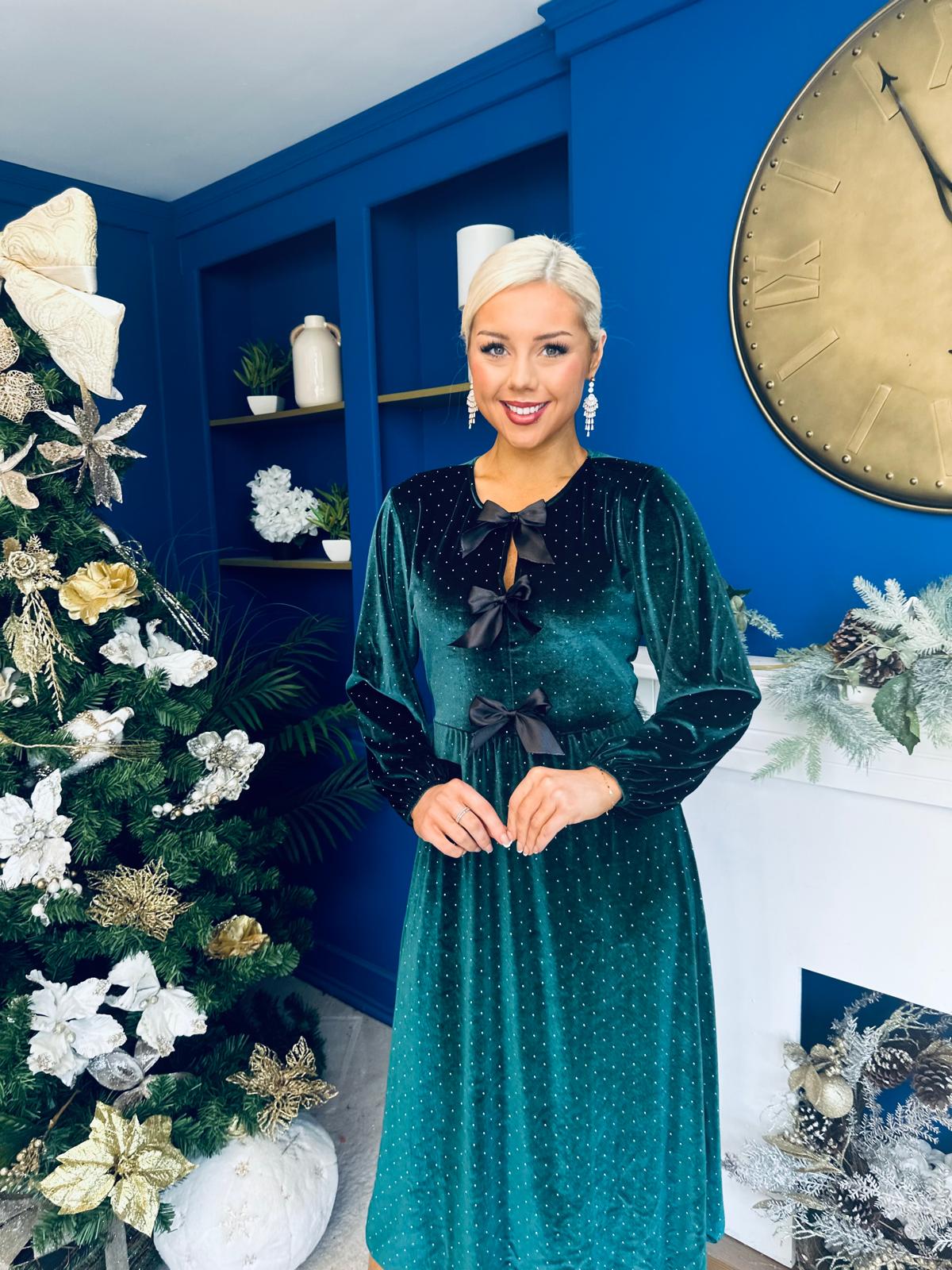 Muireann Bow Detail Studded Velvet Midi Dress Forest
