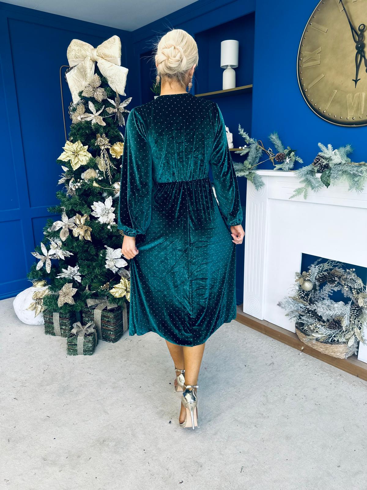 Muireann Bow Detail Studded Velvet Midi Dress Forest