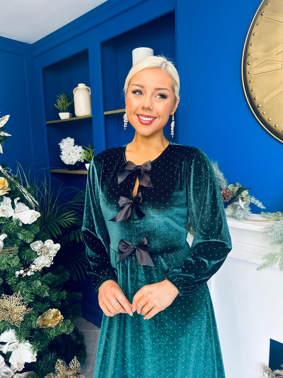 Muireann Bow Detail Studded Velvet Midi Dress Forest