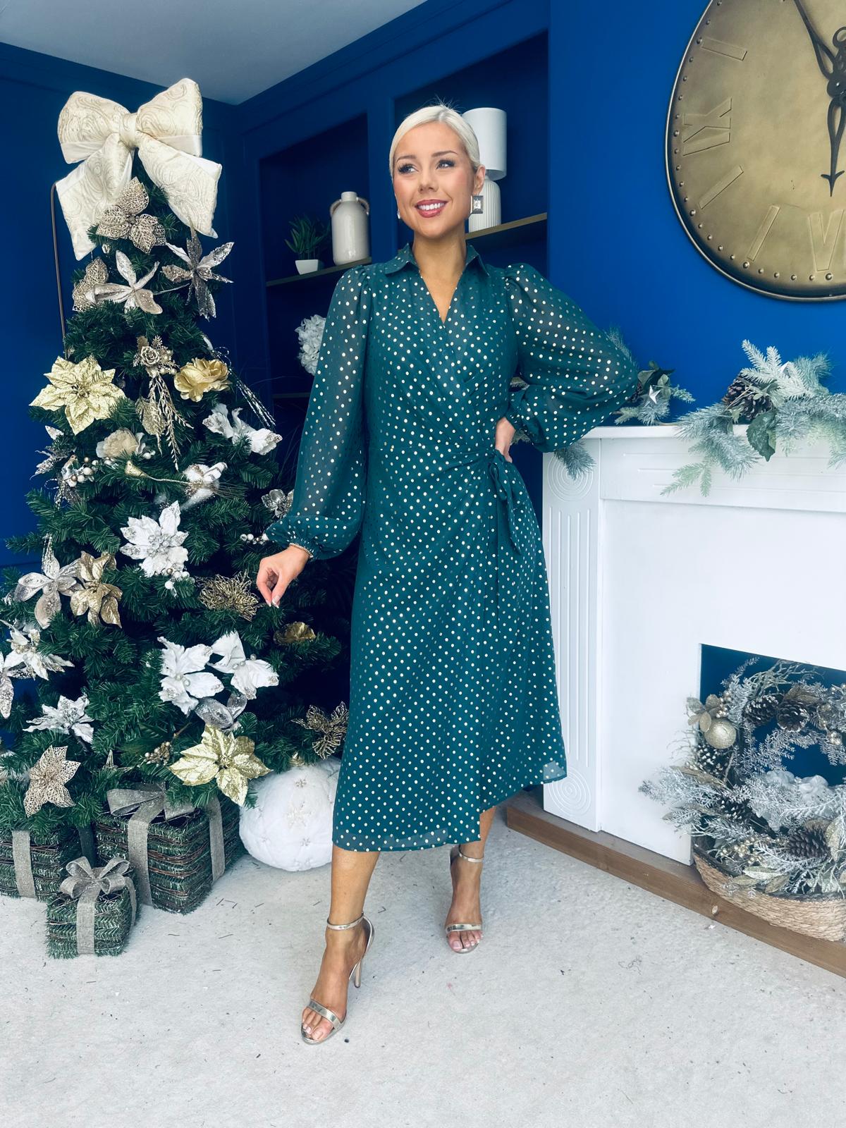 Selena Detailed Wrap Midi Dress Forest