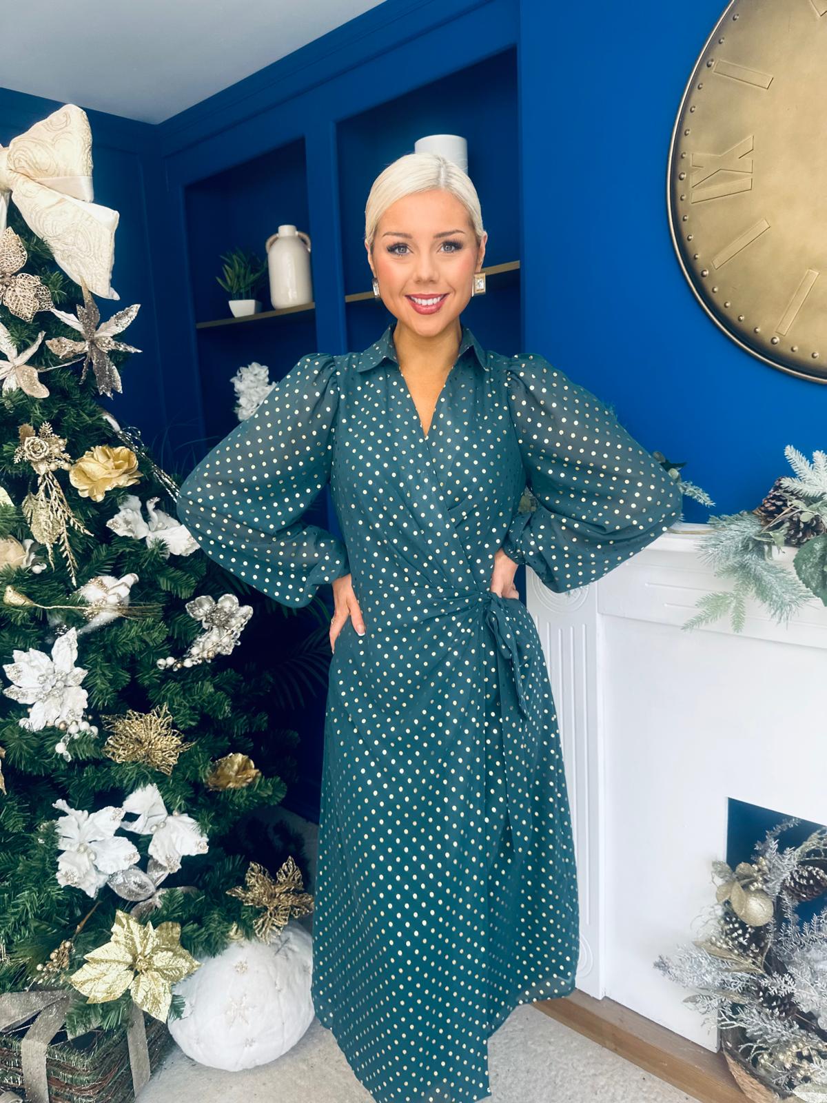 Selena Detailed Wrap Midi Dress Forest