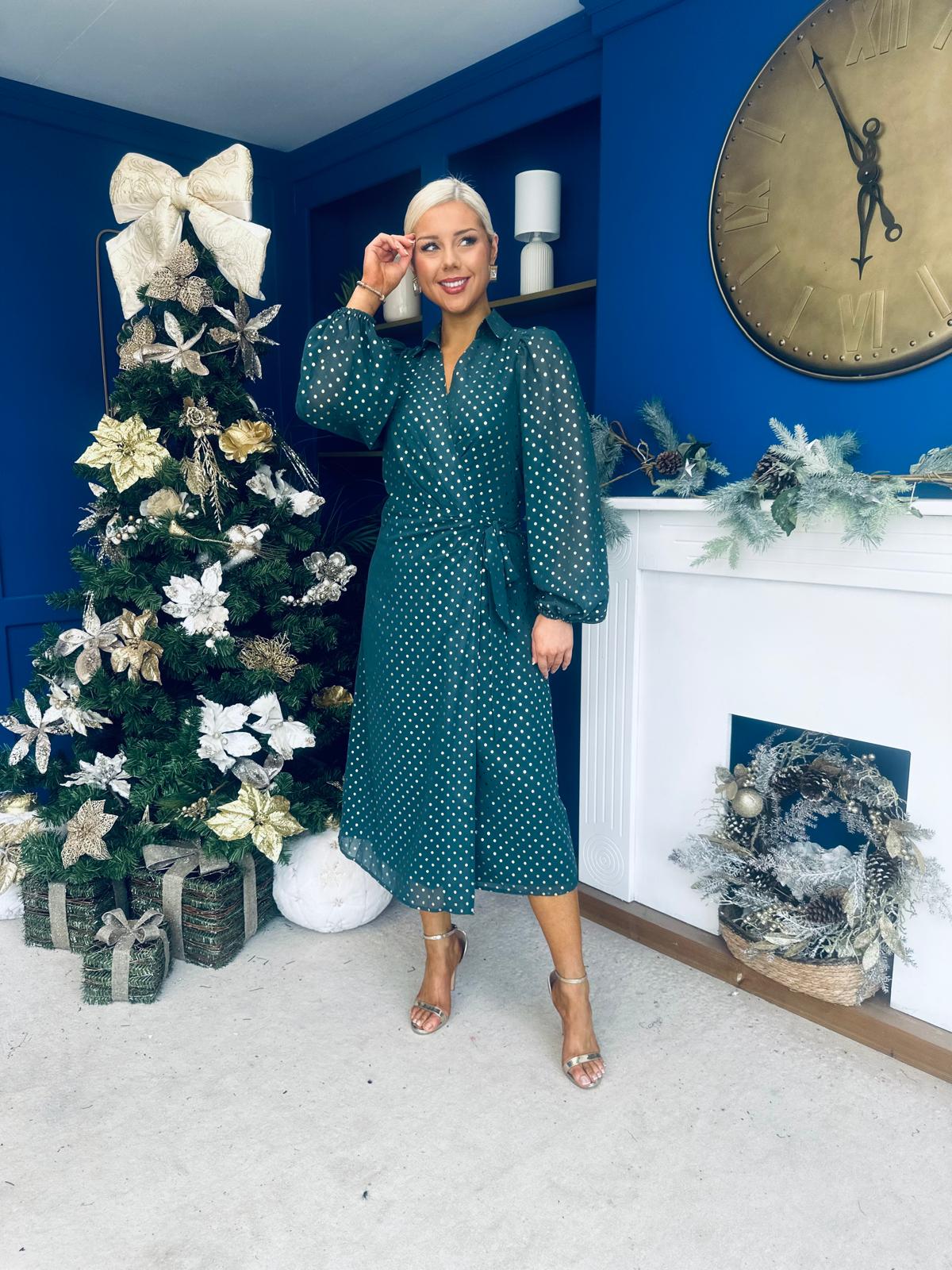 Selena Detailed Wrap Midi Dress Forest