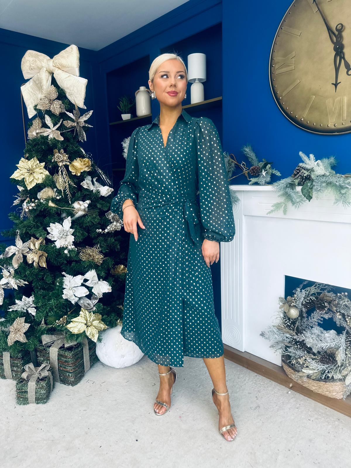 Selena Detailed Wrap Midi Dress Forest