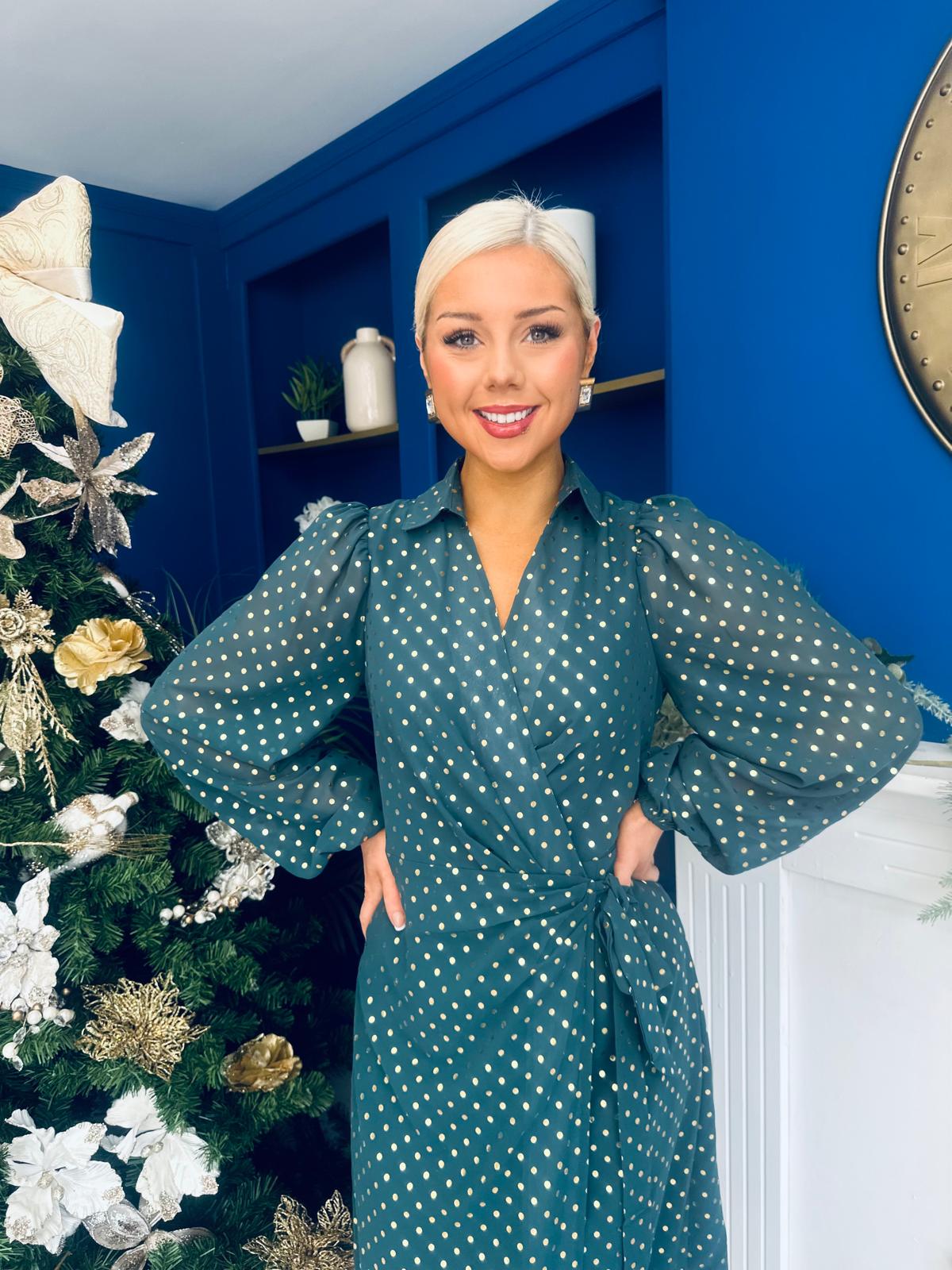 Selena Detailed Wrap Midi Dress Forest
