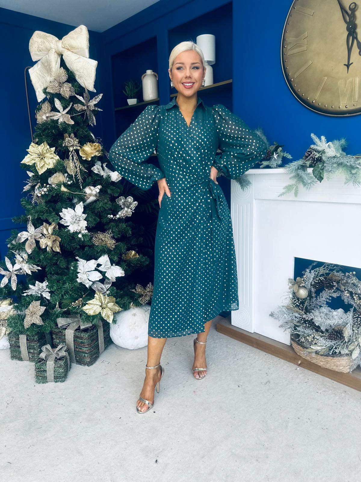 Selena Detailed Wrap Midi Dress Forest