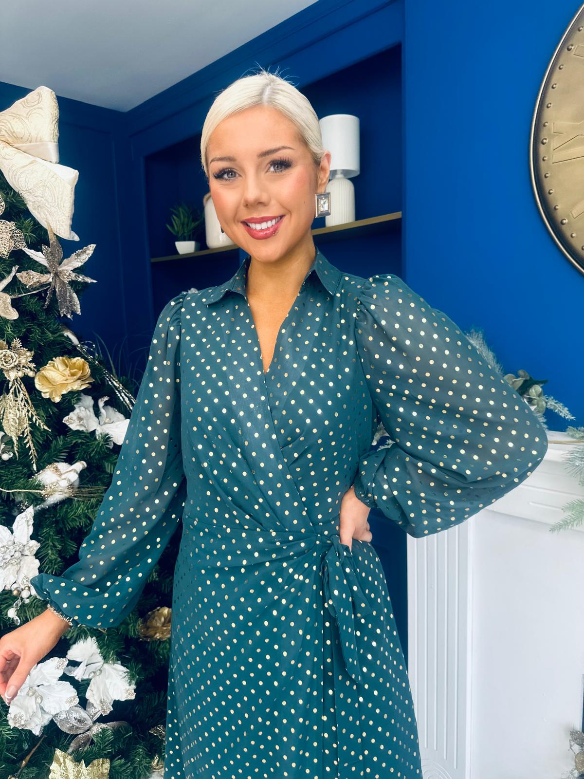 Selena Detailed Wrap Midi Dress Forest