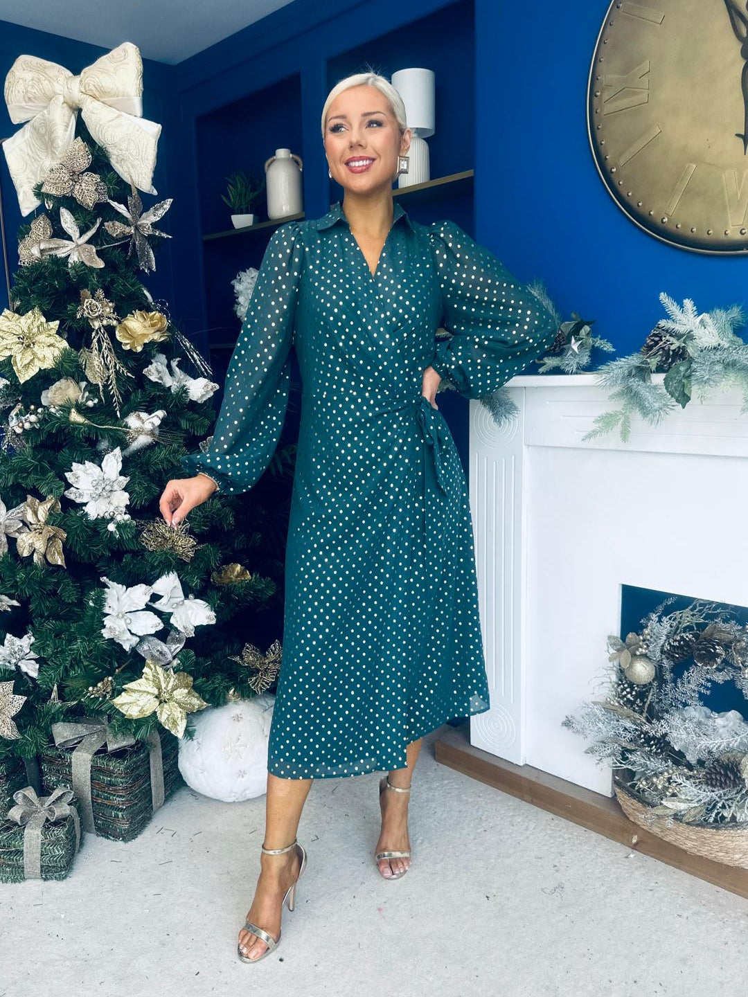 Selena Detailed Wrap Midi Dress Forest