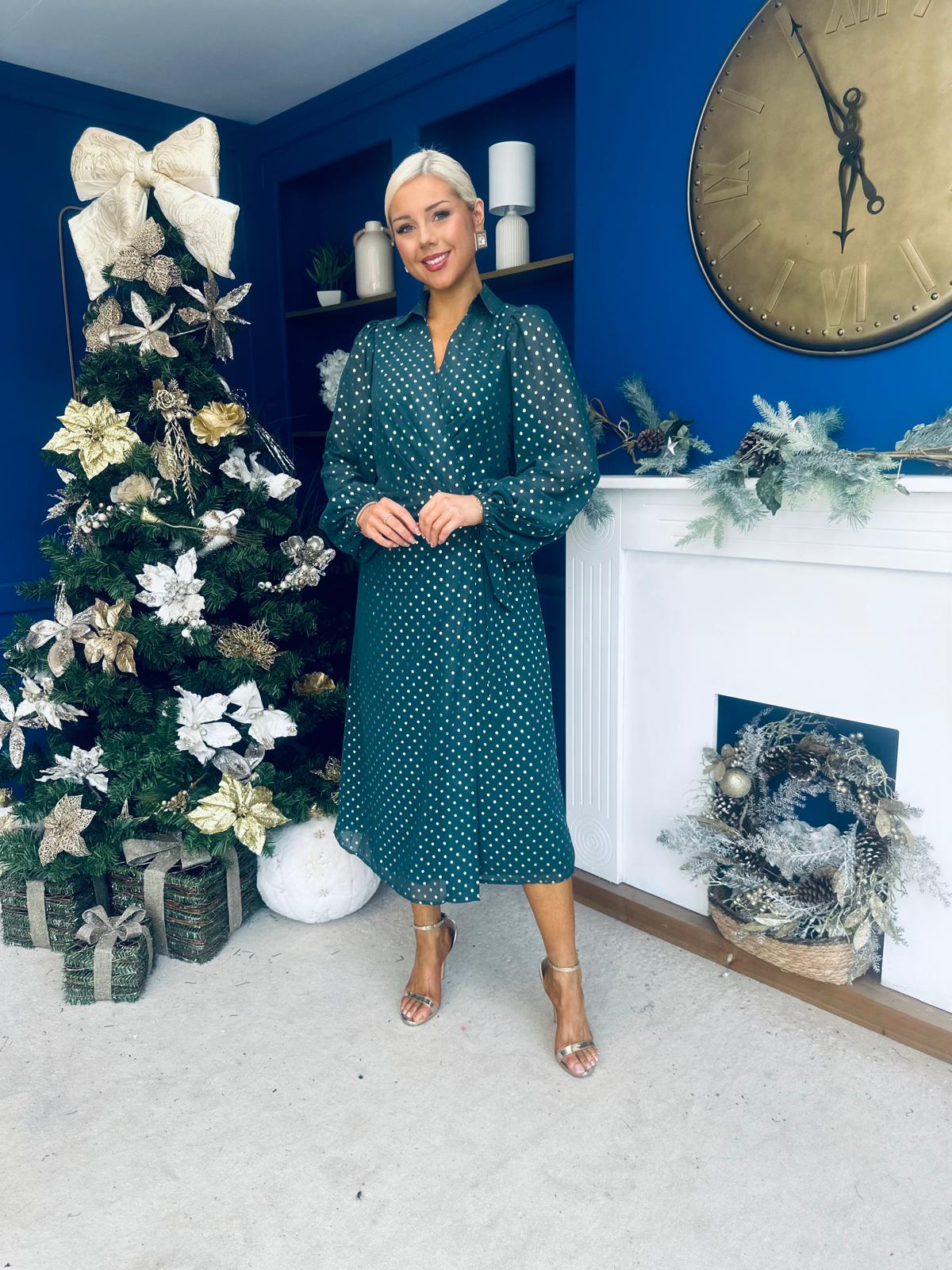 Selena Detailed Wrap Midi Dress Forest