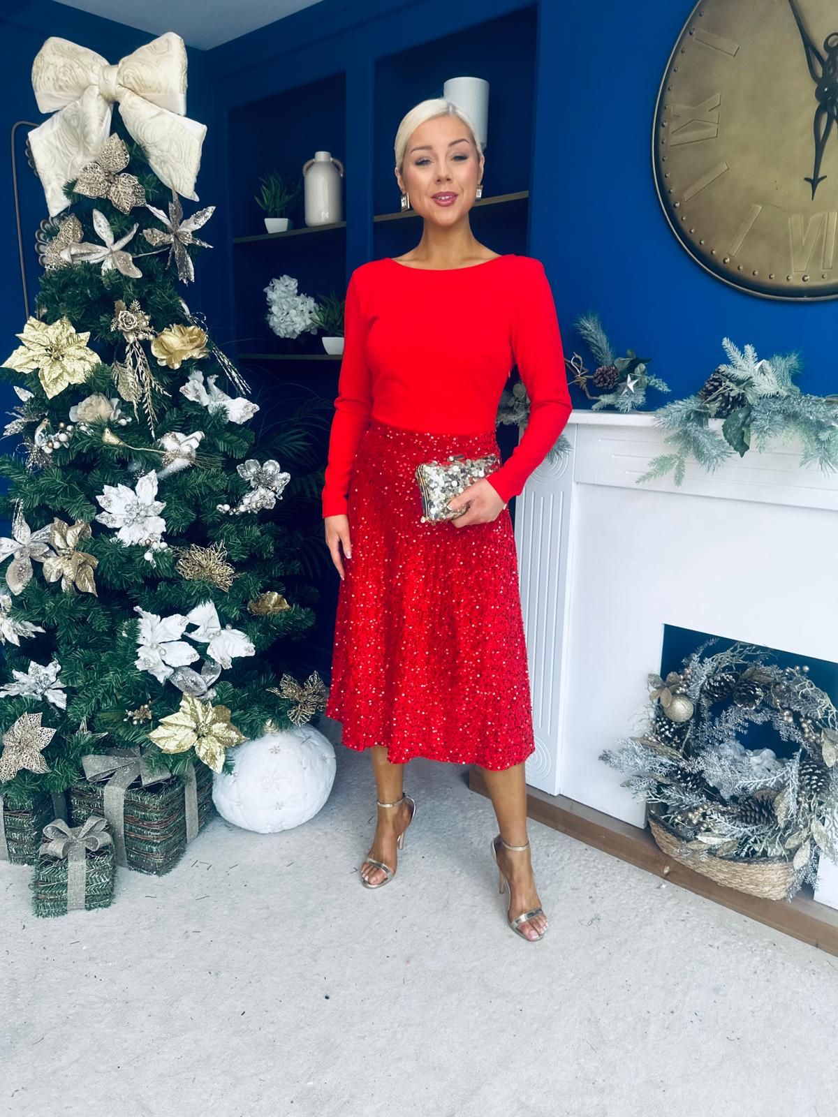 Evelyn Sequin Skirt Occasion Dress Red