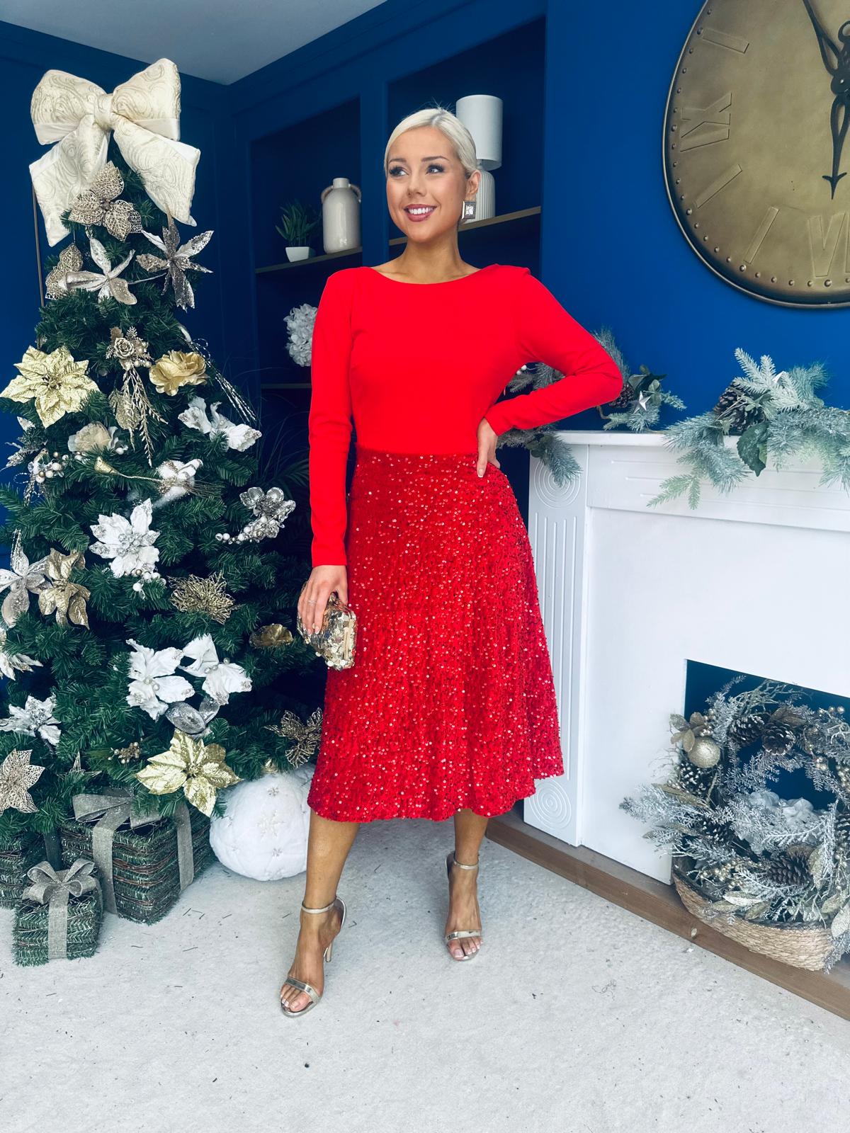 Evelyn Sequin Skirt Occasion Dress Red