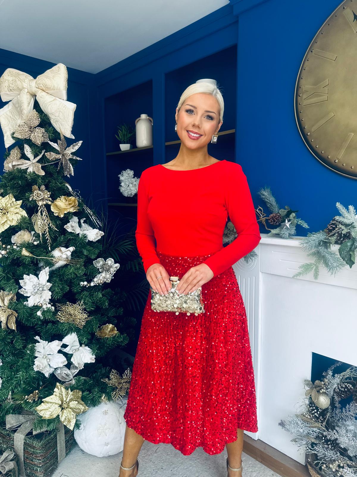Evelyn Sequin Skirt Occasion Dress Red