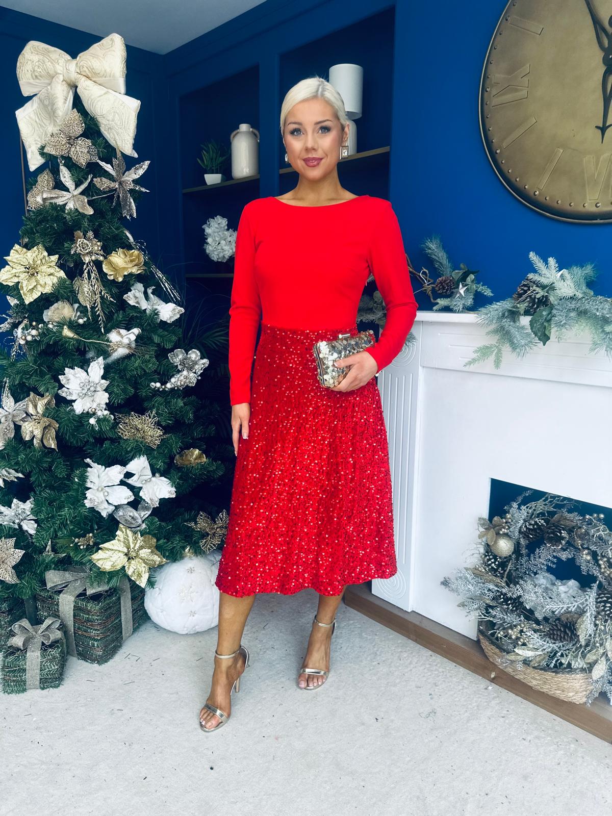 Evelyn Sequin Skirt Occasion Dress Red