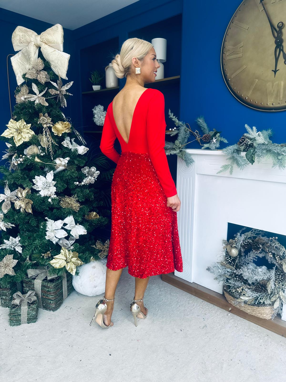 Evelyn Sequin Skirt Occasion Dress Red