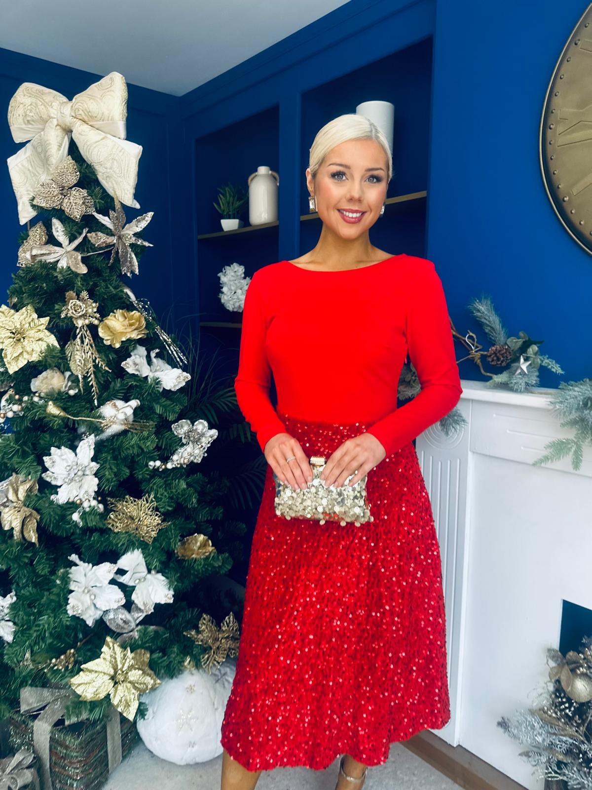 Evelyn Sequin Skirt Occasion Dress Red