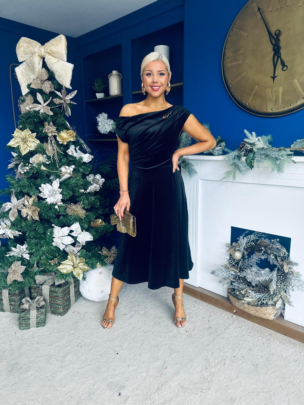 Imogen Gold Broach Velvet Midi Dress Black