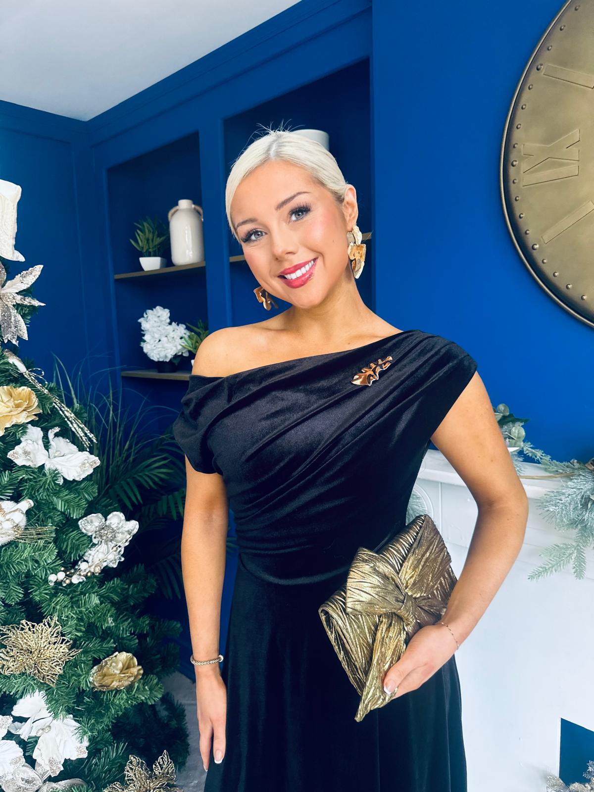 Imogen Gold Broach Velvet Midi Dress Black