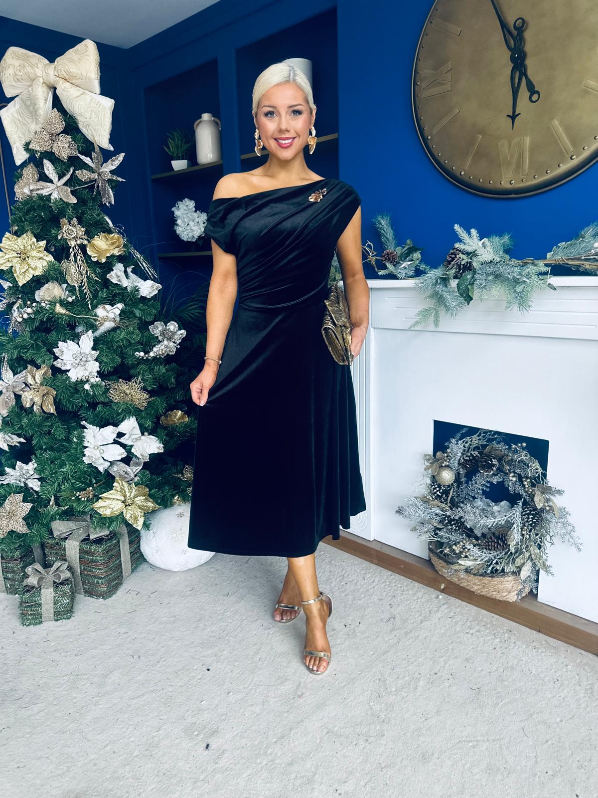 Imogen Gold Broach Velvet Midi Dress Black