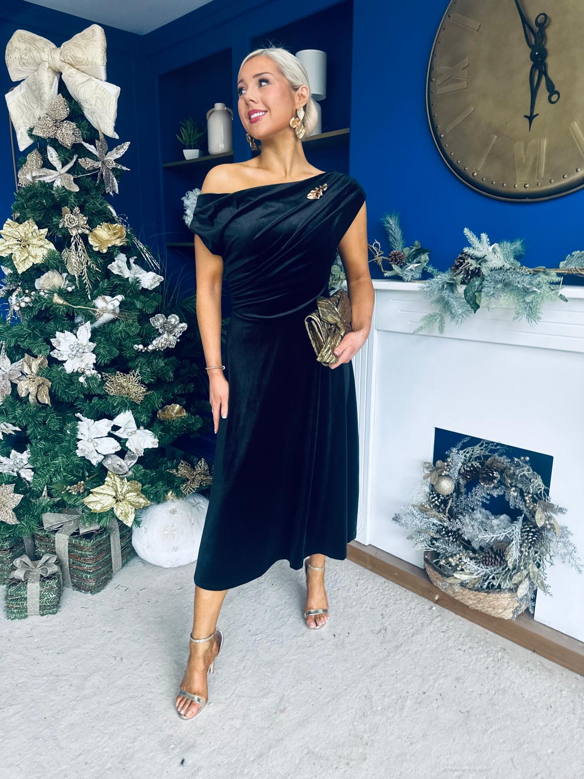 Imogen Gold Broach Velvet Midi Dress Black