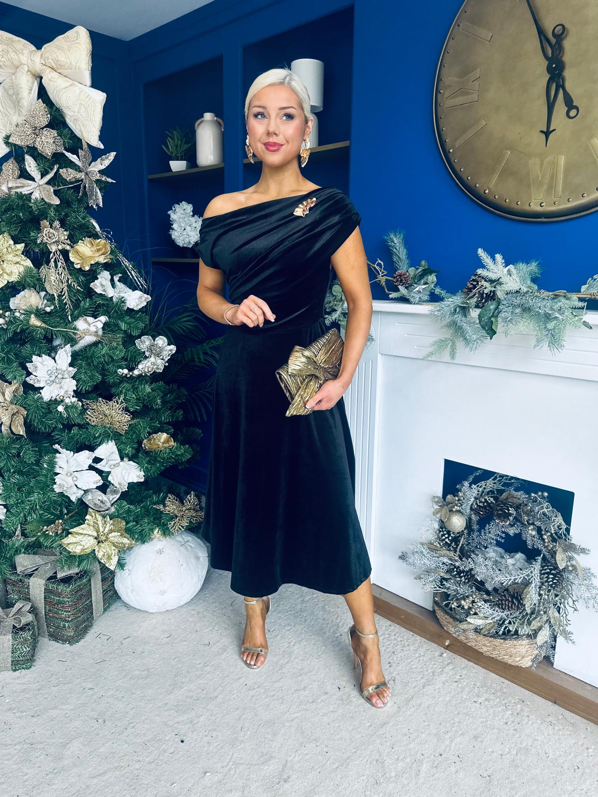 Imogen Gold Broach Velvet Midi Dress Black