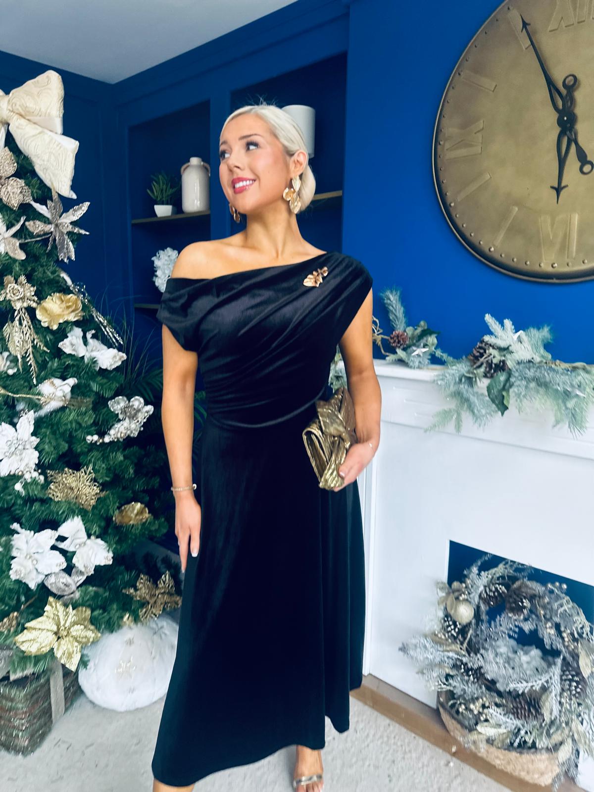 Imogen Gold Broach Velvet Midi Dress Black