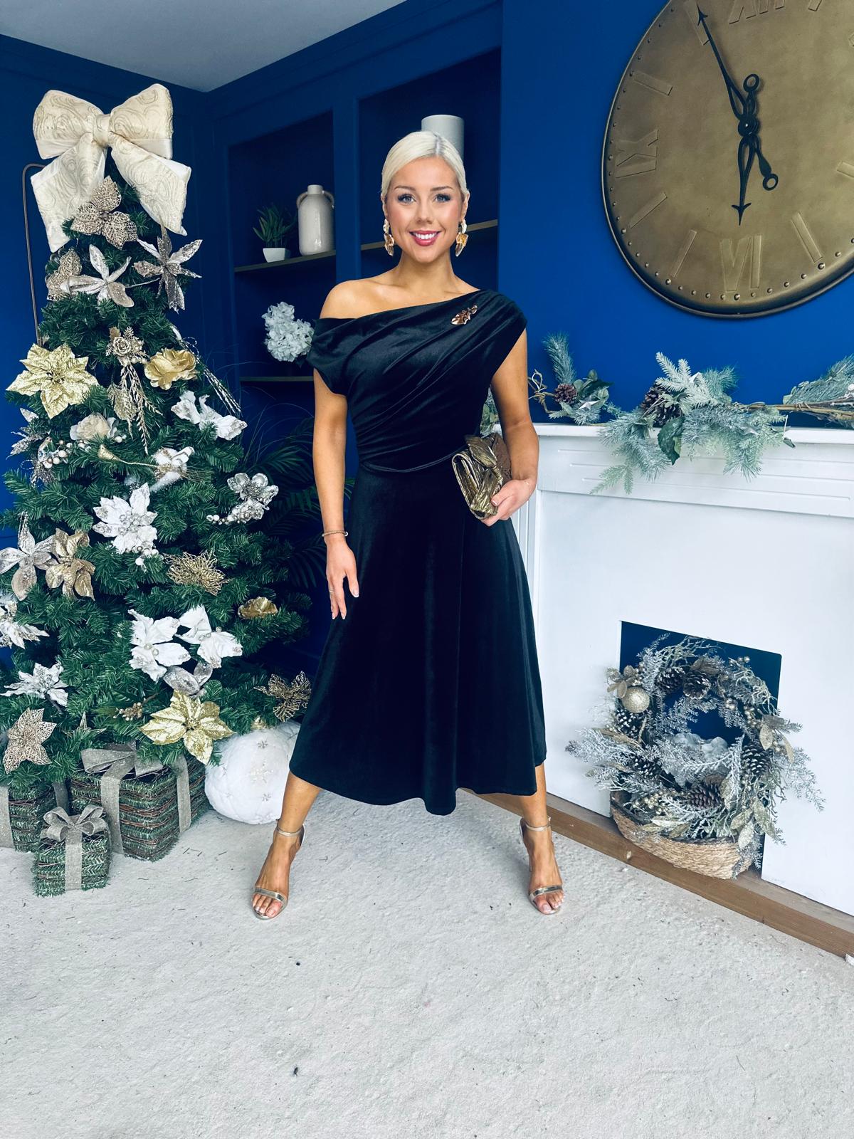 Imogen Gold Broach Velvet Midi Dress Black