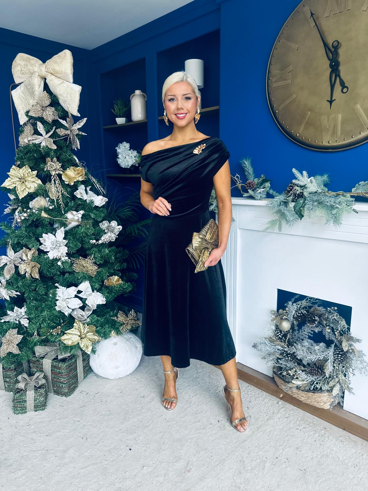 Imogen Gold Broach Velvet Midi Dress Black