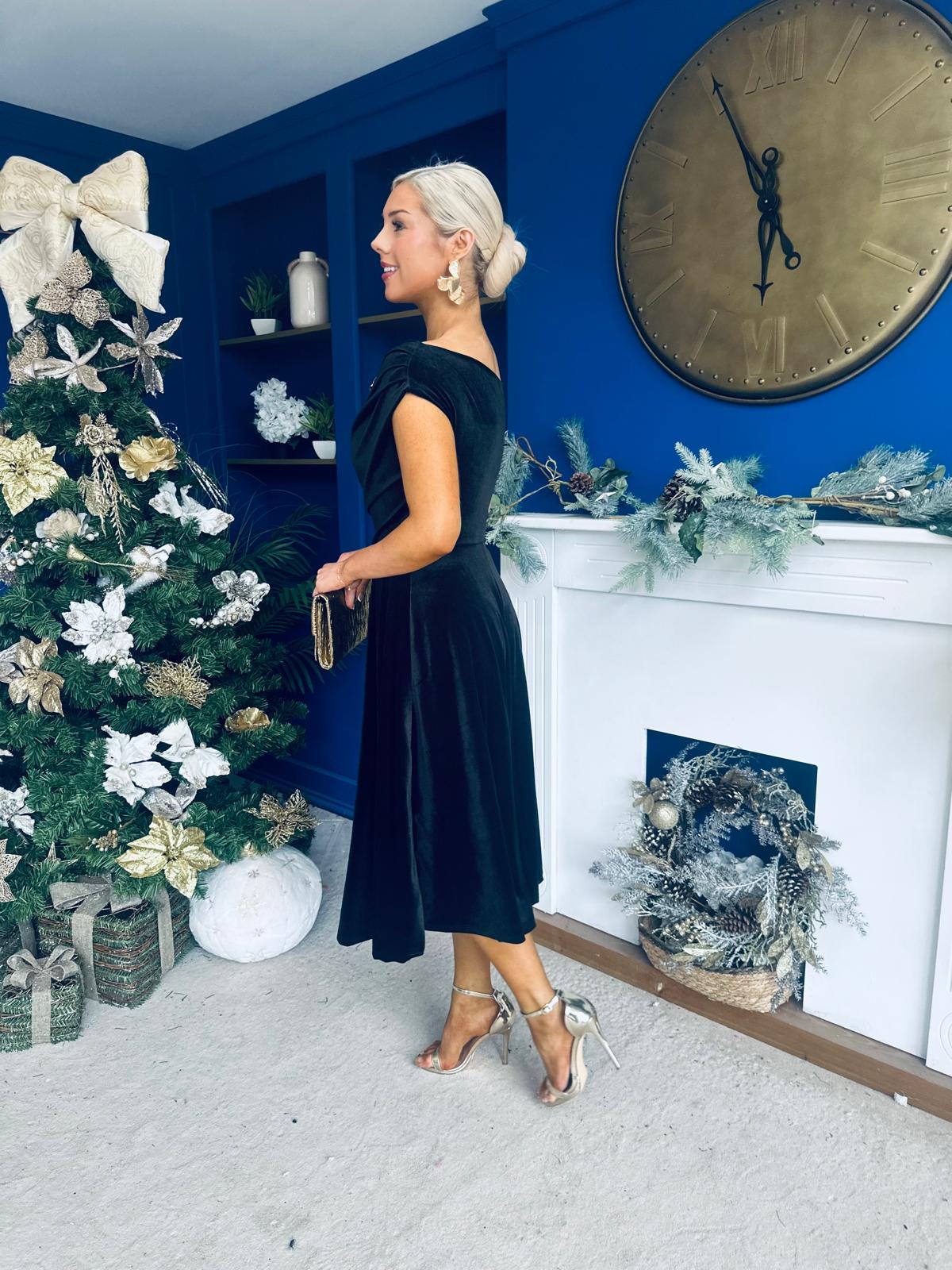 Imogen Gold Broach Velvet Midi Dress Black