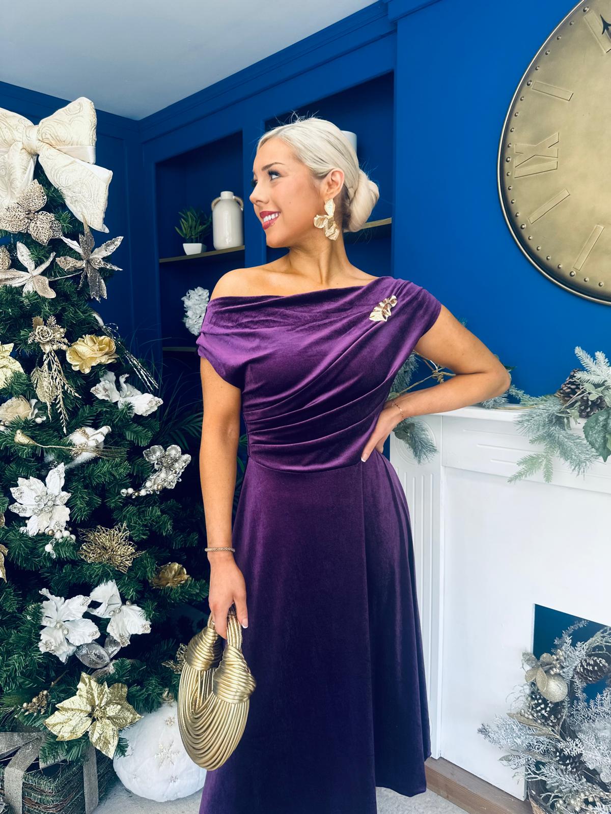 Imogen Gold Broach Velvet Midi Dress Violet