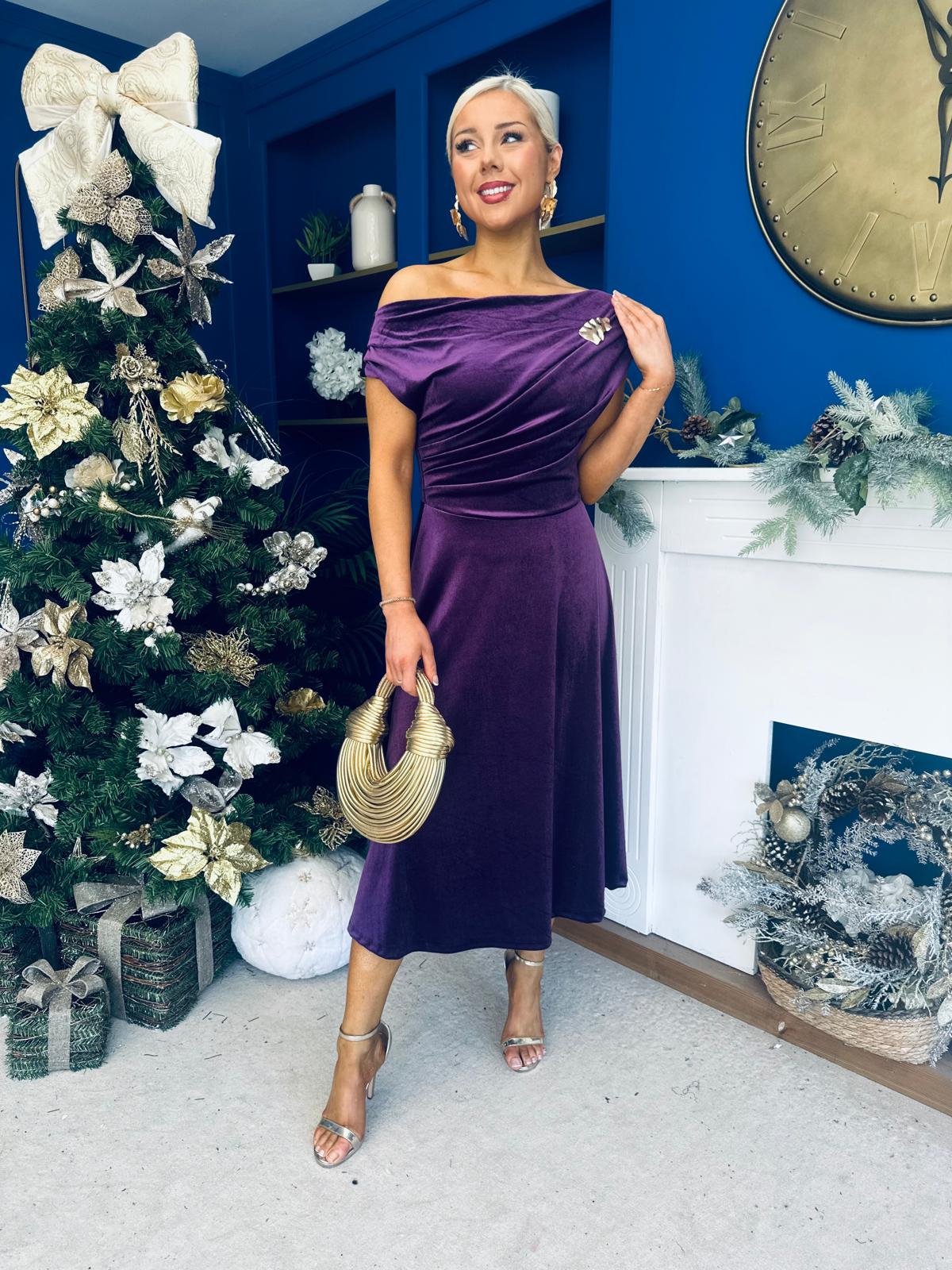 Imogen Gold Broach Velvet Midi Dress Violet