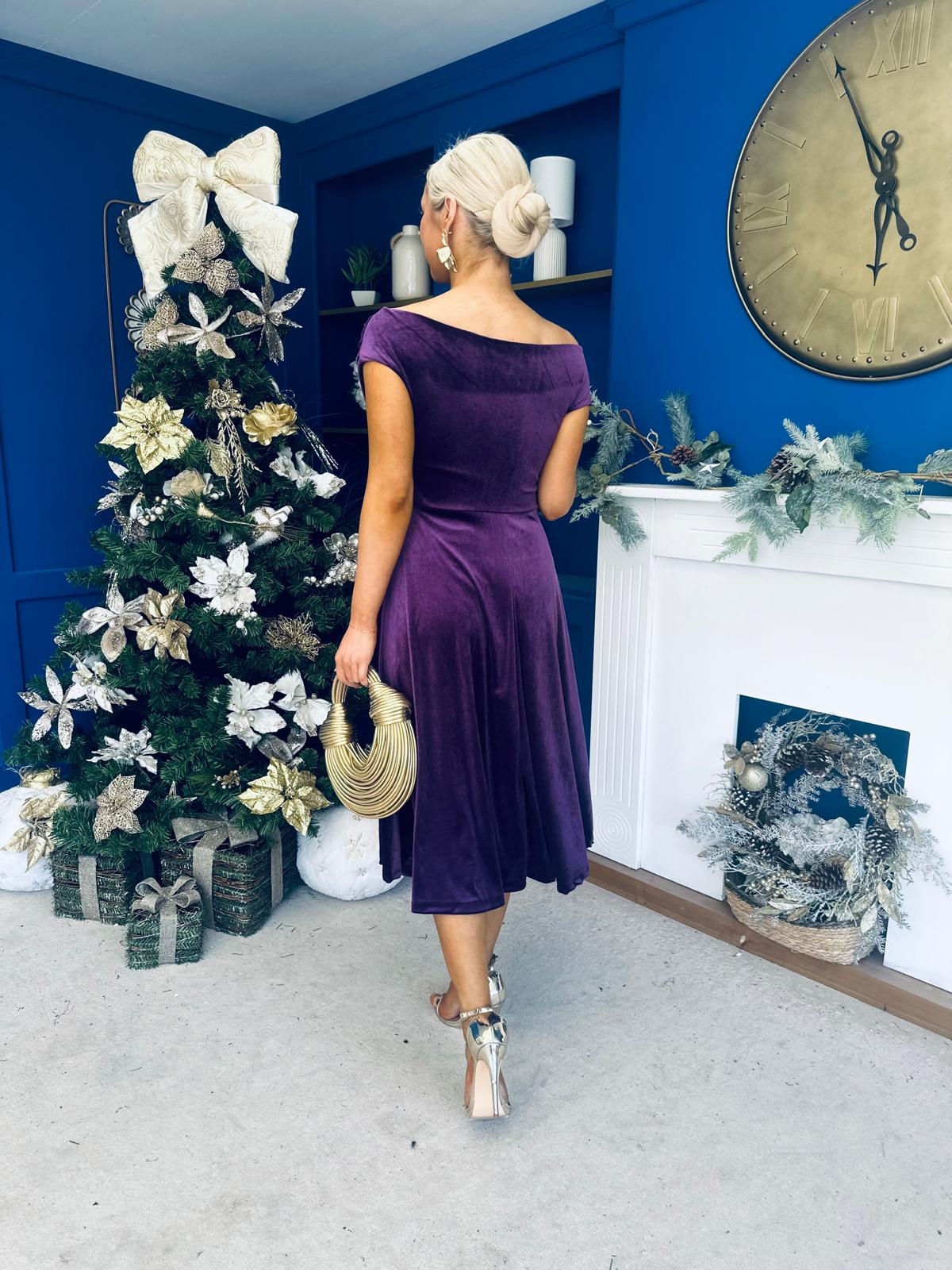 Imogen Gold Broach Velvet Midi Dress Violet
