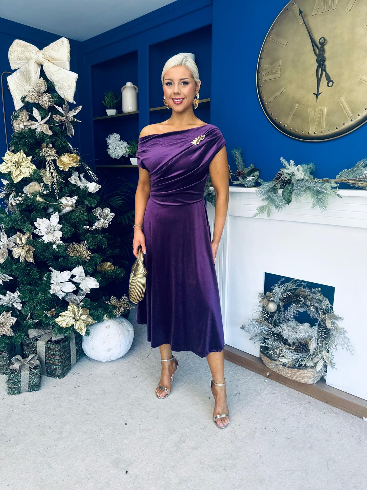 Imogen Gold Broach Velvet Midi Dress Violet