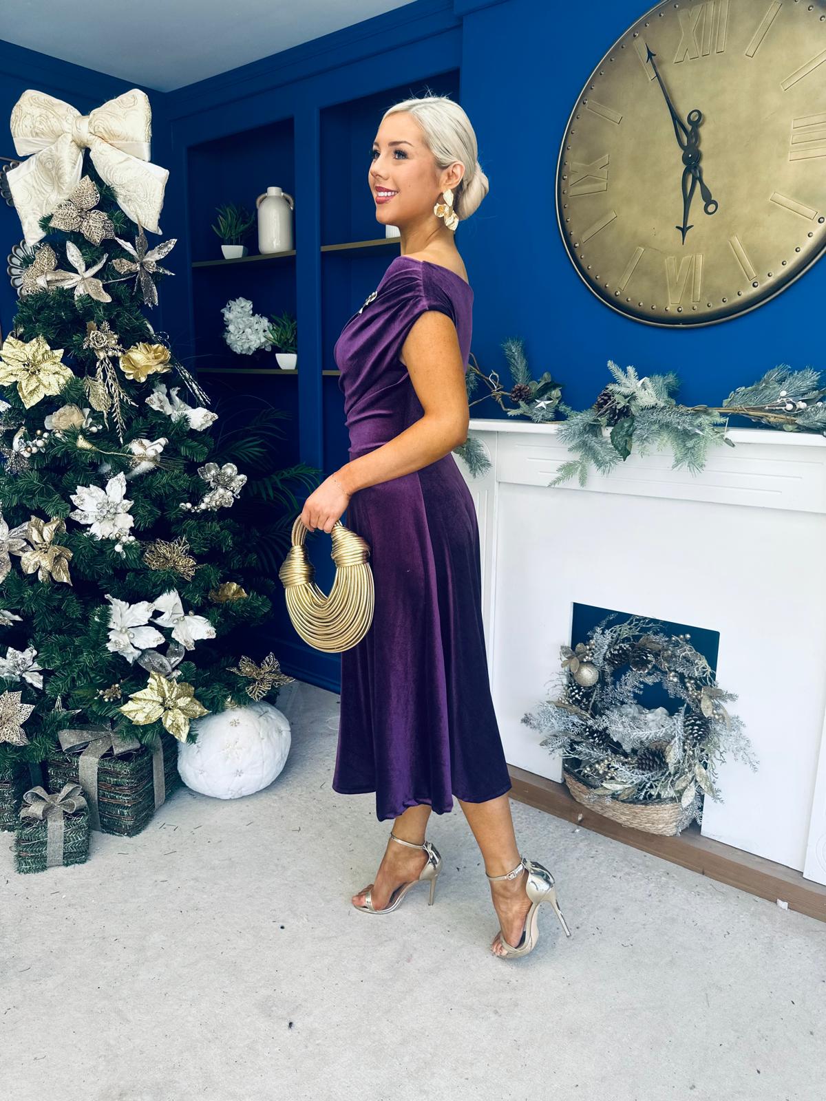 Imogen Gold Broach Velvet Midi Dress Violet