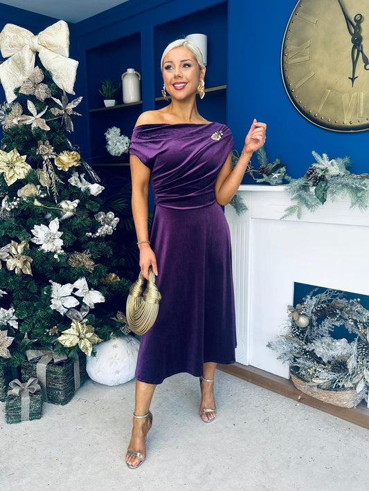 Imogen Gold Broach Velvet Midi Dress Violet