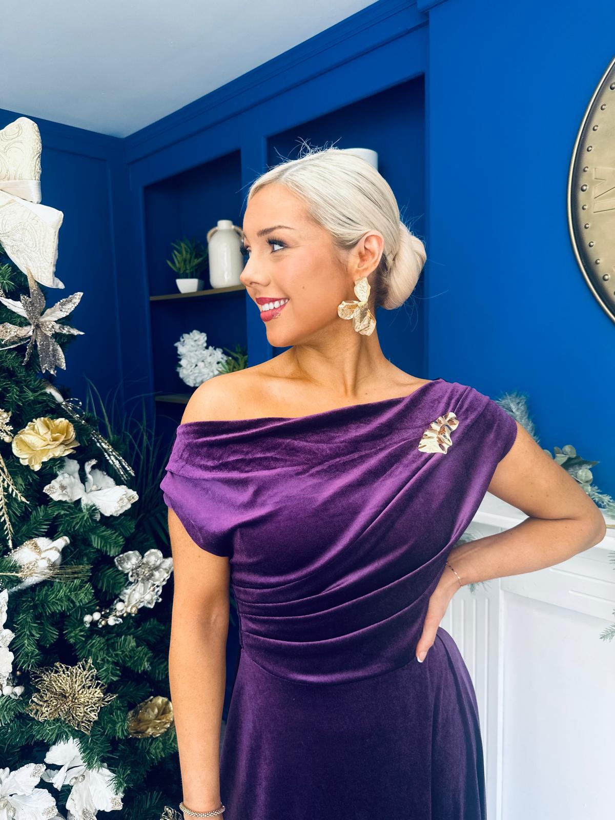 Imogen Gold Broach Velvet Midi Dress Violet