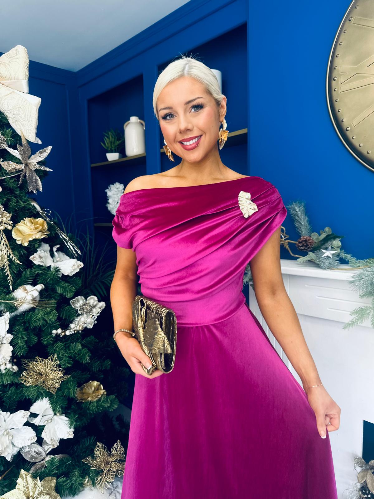Imogen Gold Broach Velvet Midi Dress Orchid