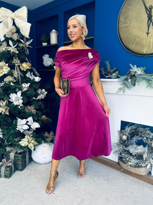 Imogen Gold Broach Velvet Midi Dress Orchid
