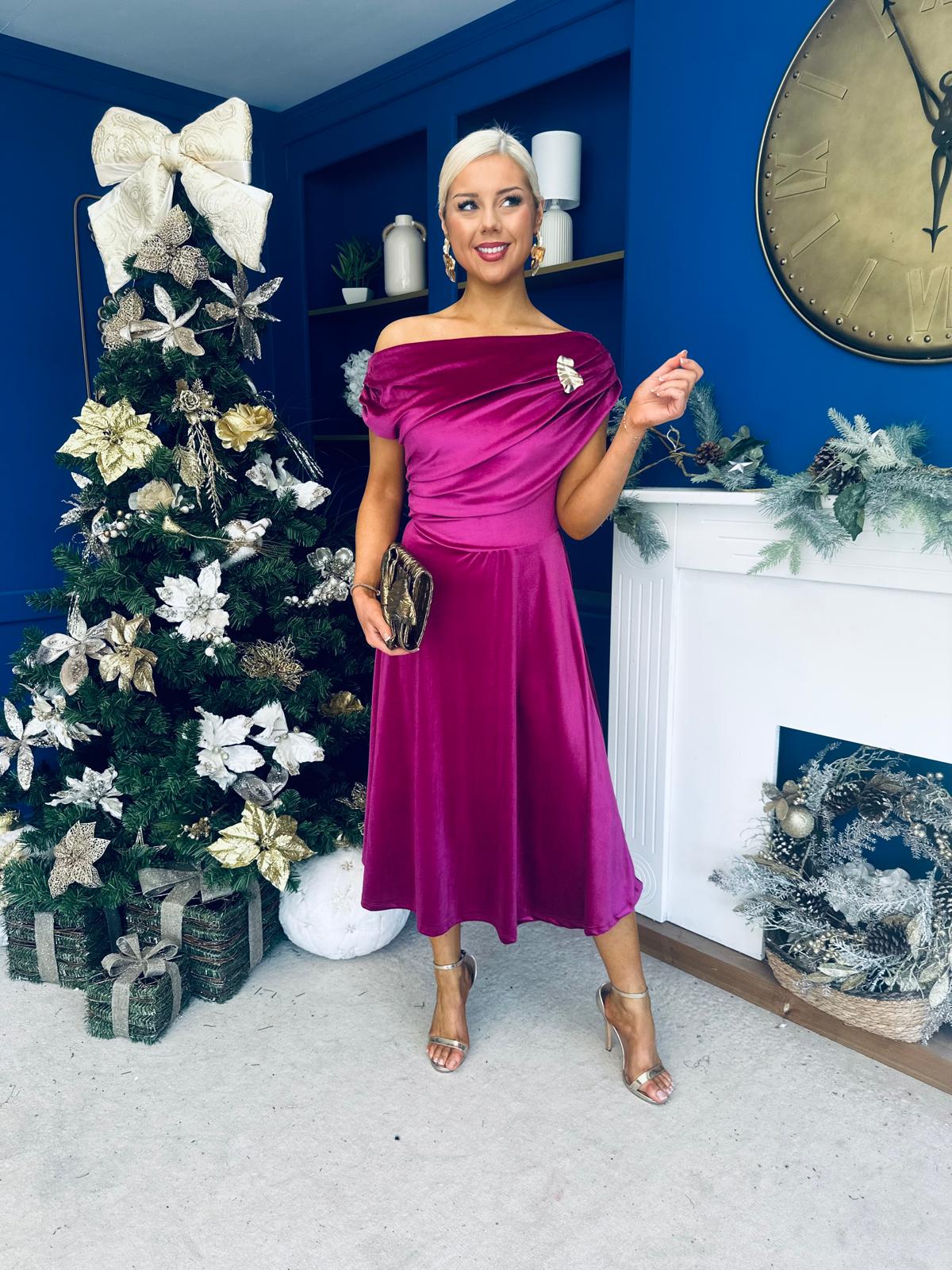 Imogen Gold Broach Velvet Midi Dress Orchid