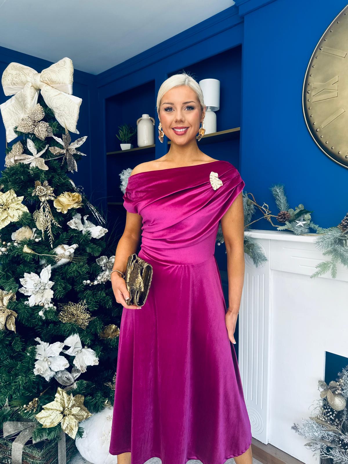 Imogen Gold Broach Velvet Midi Dress Orchid