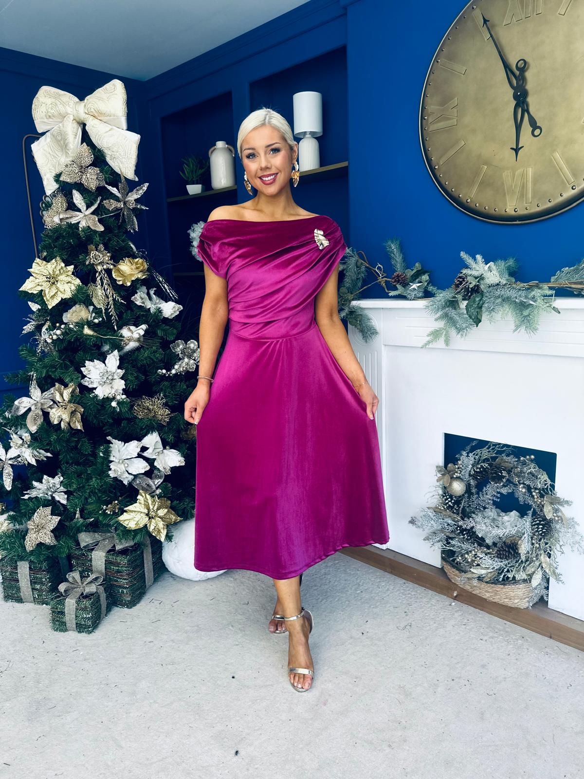 Imogen Gold Broach Velvet Midi Dress Orchid