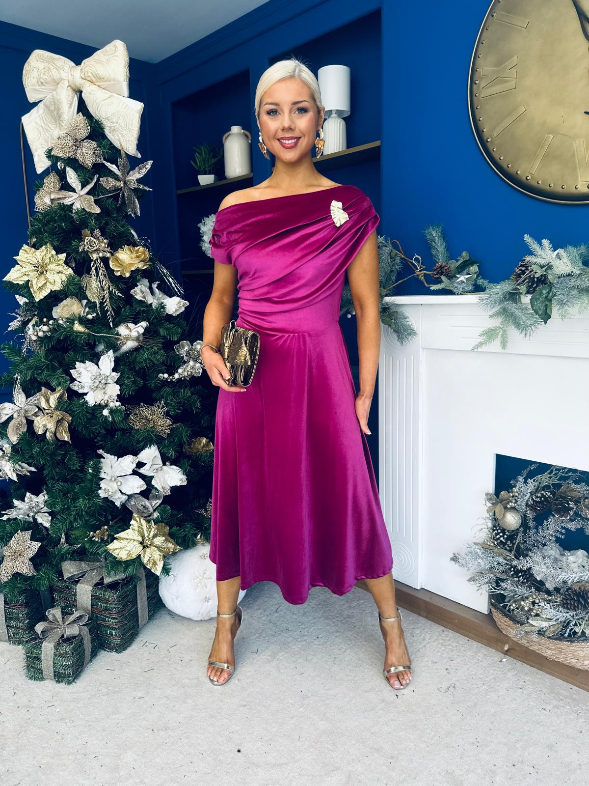 Imogen Gold Broach Velvet Midi Dress Orchid